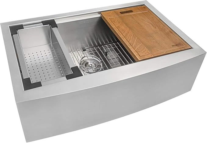 Ruvati Verona RVH9200 33" Apron-front Workstation Farmhouse Single Bowl Kitchen Sink, Stainless Steel, 16 Gauge