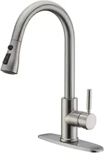 WEWE Single Handle High Arc Brushed Nickel Pull Out is one of the best Kitchen sink Faucet, Single Level Stainless Steel Kitchen Sink Faucets with Pull Down Sprayer